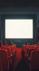 Obraz premium People in the cinema auditorium with Cinema blank wide screen and red chairs in the cinema hall,People silhouettes watching movie performance,empty white screen,space for text,copy space.