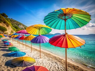 Colorful Umbrellas Shade Sunny Greek Beach - Summer Vacation Stock Photo