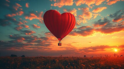 Obraz premium Heart-shaped red hot air balloon rises against a pastel sky at sunrise
