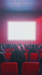 Obraz premium People in the cinema auditorium with Cinema blank wide screen and red chairs in the cinema hall,People silhouettes watching movie performance,empty white screen,space for text,copy space.