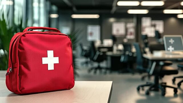 A red first aid kit prominently displayed in an office setting, surrounded by emergency guidelines and safety posters, symbolizing workplace readiness