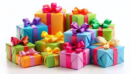 Fototapeta premium Colorful Wrapped Gifts with Bows on White Background - Festive Celebration Surprise