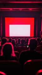 Fototapeta premium People in the cinema auditorium with Cinema blank wide screen and red chairs in the cinema hall,People silhouettes watching movie performance,empty white screen,space for text,copy space.
