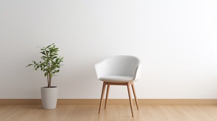 A chair with wooden legs in a modern minimalist interior, wooden vinyl flooring, and a clean white wall