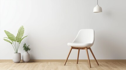 A chair with wooden legs in a modern minimalist interior, wooden vinyl flooring, and a clean white wall