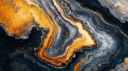 Stunning Close-Up Photo: Abstract Fluid Art in Deep Blues and Golds. AI Generated