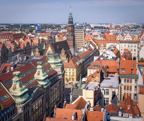 Fototapeta premium Wroclaw Skyline from Penitents Bridge at St. Mary’s Church, Poland