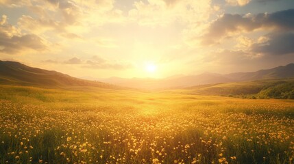 Obraz premium Golden Sunset Over Rolling Hills And Flower Field