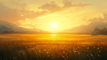 Fototapeta premium Golden Sunset Over a Serene Meadow Landscape