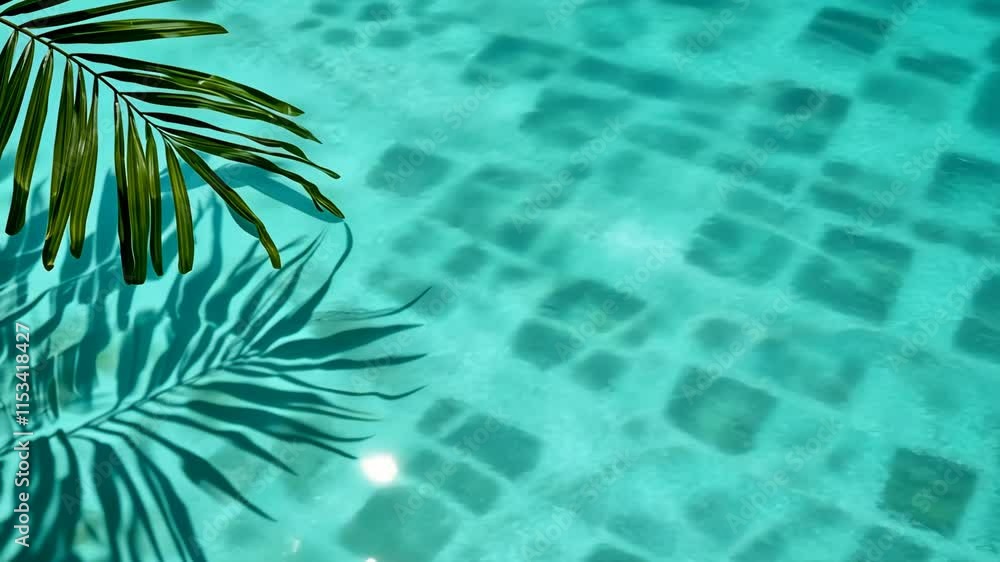 Poster tranquil summer scene with palm leaf shadow on rippling turquoise water pool surface copy space for 