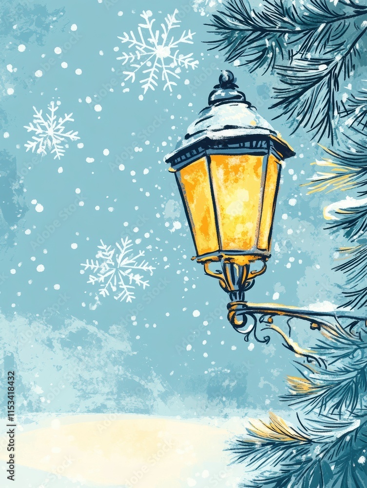 Poster doodle of a glowing street lantern illuminating a winter evening with snowflakes and pine trees. gen
