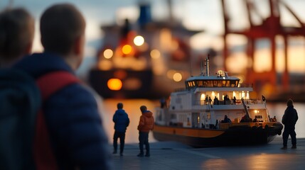 People observing a ferry at sunset near a busy port.