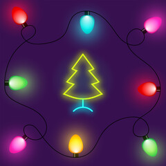 Christmas lights with fur-tree and garland Vector illustration in neon style