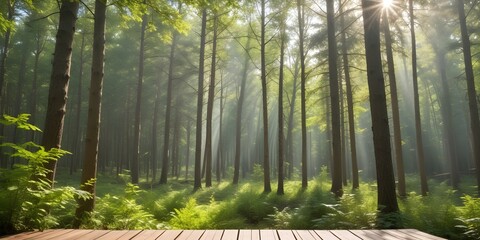 Naklejka premium A sunny day in a forest with a wooden deck in the foreground