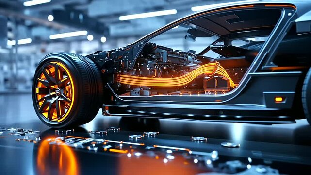 A high-tech automotive battery with glowing orange cables, placed in a sleek electric vehicle chassis under bright workshop lighting