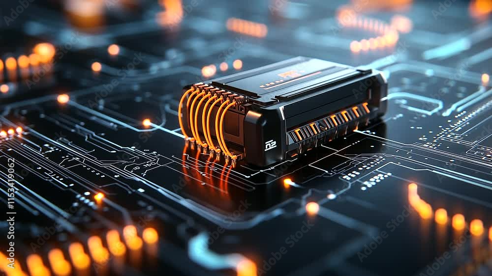 Poster a futuristic car battery design with orange cables coiled neatly around it, set against a dark backg