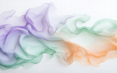 Obraz premium A soft wave of pastel liquid paint blending lavender, light green, and creamy orange, creating fluid shapes on white