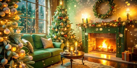 Cozy Christmas Living Room: Green & Beige Holiday Gathering
