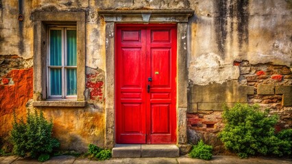 Vibrant Red Door on Rustic Building - Stock Photo