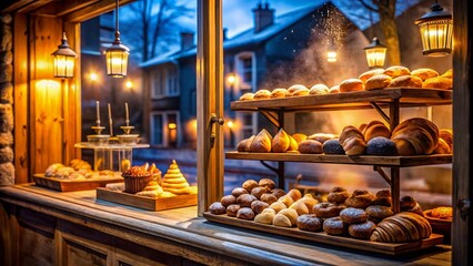 Cozy French Bakery Window Display at Night - Delicious Pastries & Warm Lights