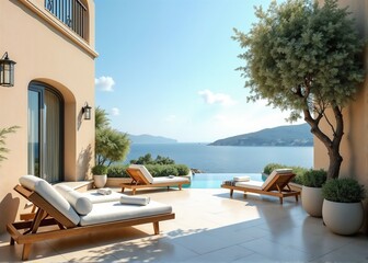 Obraz premium Luxury terrace with loungers overlooking the sea, relaxing mood, beautiful coastal view 