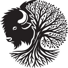 Bison head silhouette combined with tree trunk and branches