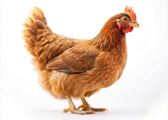 Miniature chicken, tilt-shift effect, white background; charming farm animal portrait.