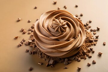  A beautifully swirled mocha mousse dessert surrounded by chocolate chips, symbolizing the Pantone Color of the Year 2025, Mocha Mousse.