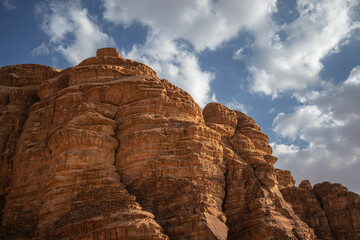 Beautiful Outdoor View of Rock Formation with Sky in Wadi Rum Desert. Rocky Cliff in Southern Jordan.