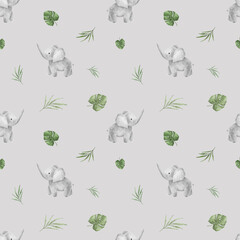 Seamless pattern with leaves monstera and african animals rhinoceros and elephant for children's design. Hand drawn illustration crocodile Cute Print for childish textile design or wallpaper