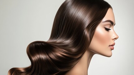 Fototapeta premium Beautiful model girl with Brown hair strand,silky healthy chestnut wavy hair strand,hair wavy ribbon, with smooth,Keratin straightening,Treatment,straight long hair,procedures,Smooth hairstyle.