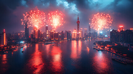 Naklejka premium Vibrant fireworks lighting up famous landmarks worldwide, symbolizing the global celebration of the new year, dynamic view, 3D rendering