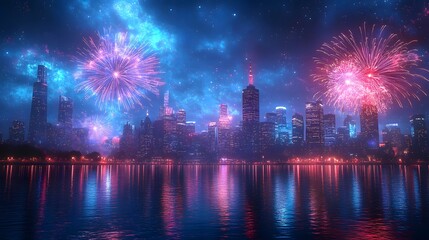 Fototapeta premium Vibrant fireworks lighting up famous landmarks worldwide, symbolizing the global celebration of the new year, dynamic view, 3D rendering