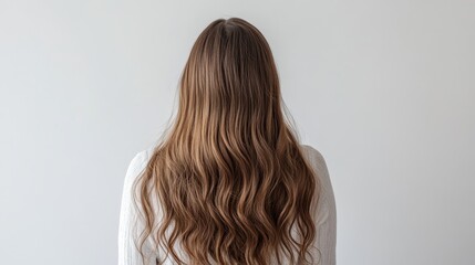 Naklejka premium Beautiful model girl with Brown hair strand,silky healthy chestnut wavy hair strand,hair wavy ribbon, with smooth,Keratin straightening,Treatment,straight long hair,procedures,Smooth hairstyle.