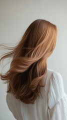 Naklejka premium Beautiful model girl with Brown hair strand,silky healthy chestnut wavy hair strand,hair wavy ribbon, with smooth,Keratin straightening,Treatment,straight long hair,procedures,Smooth hairstyle.