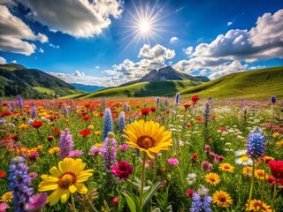 Fototapeta premium Vibrant Spring Landscape: Blooming Wildflowers in Sunlit Meadow