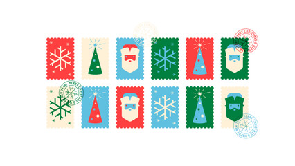 Christmas postage stamps: snowflake, christmas tree, Saint Nick