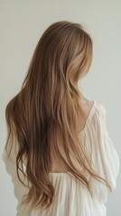 Naklejka premium Beautiful model girl with Brown hair strand,silky healthy chestnut wavy hair strand,hair wavy ribbon, with smooth,Keratin straightening,Treatment,straight long hair,procedures,Smooth hairstyle.