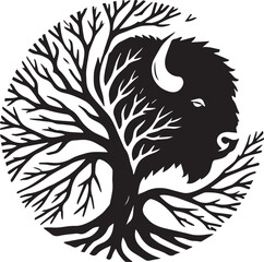Bison head silhouette combined with tree trunk and branches
