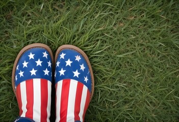 Patriotic boots with USA colors on a grassy field