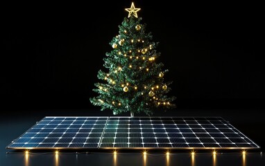 christmass tree and solar panel on black background
