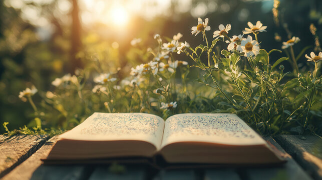 calming nature scene with open journal surrounded by flowers, capturing tranquility and inspiration