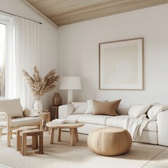 A Scandinavian-inspired living room with light furniture, simple decor, white walls, natural wood elements, and soft textures for a modern and cozy vibe
