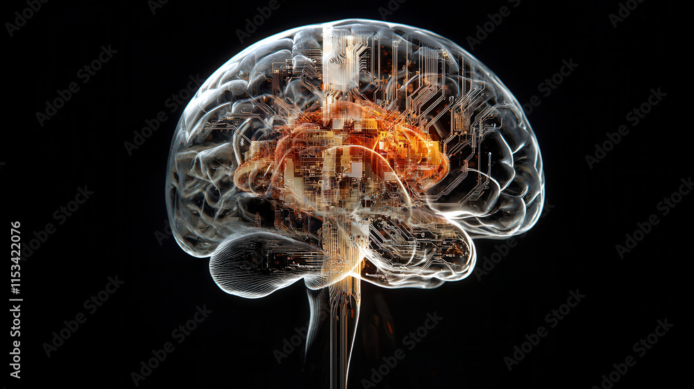 Poster conceptual image of brain made of circuits, symbolizing technology and intelligence