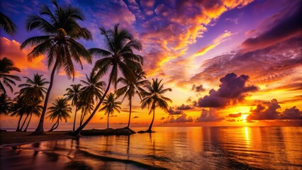 Obraz premium Ocean view, sunset silhouettes: palm trees etched against fiery skies.