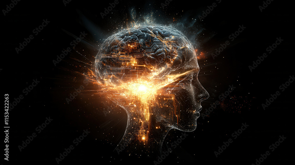 Poster conceptual image of human head with glowing circuits and brain, symbolizing intelligence and technol