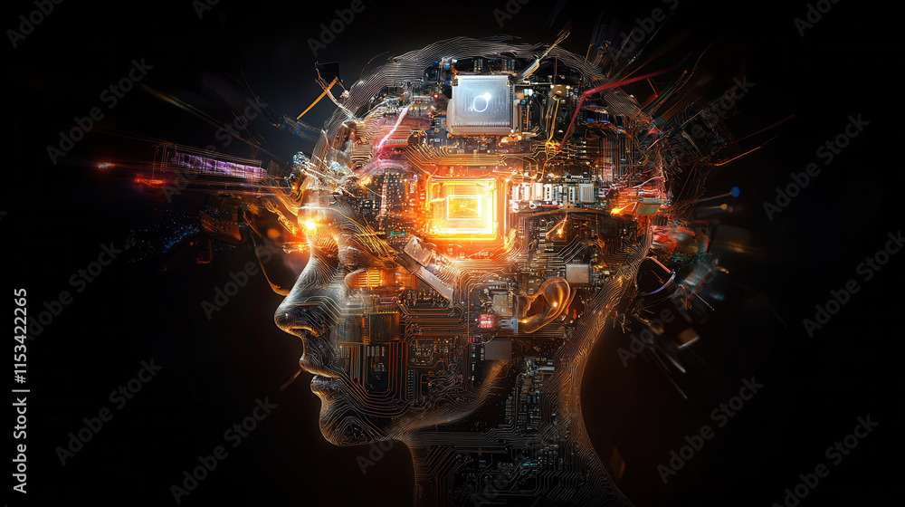 Poster conceptual image of human head filled with glowing circuits and technology, symbolizing fusion of hu