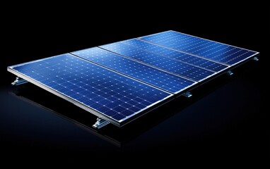 A sleek solar panel with reflective dark blue cells and polished edges, displayed on a bold black background
