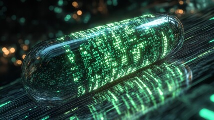 A futuristic pill encapsulated with glowing green binary data code, representing digital health technology and the integration of AI in medical advancements. Ideal for healthcare, technology, and sci
