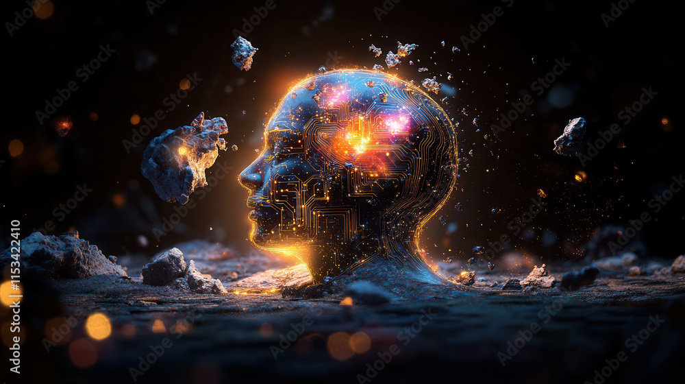 Poster conceptual image of human head with glowing circuits and particles, symbolizing technology and innov